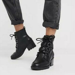 Sorel Cate Black Leather Combat Boots 8.5